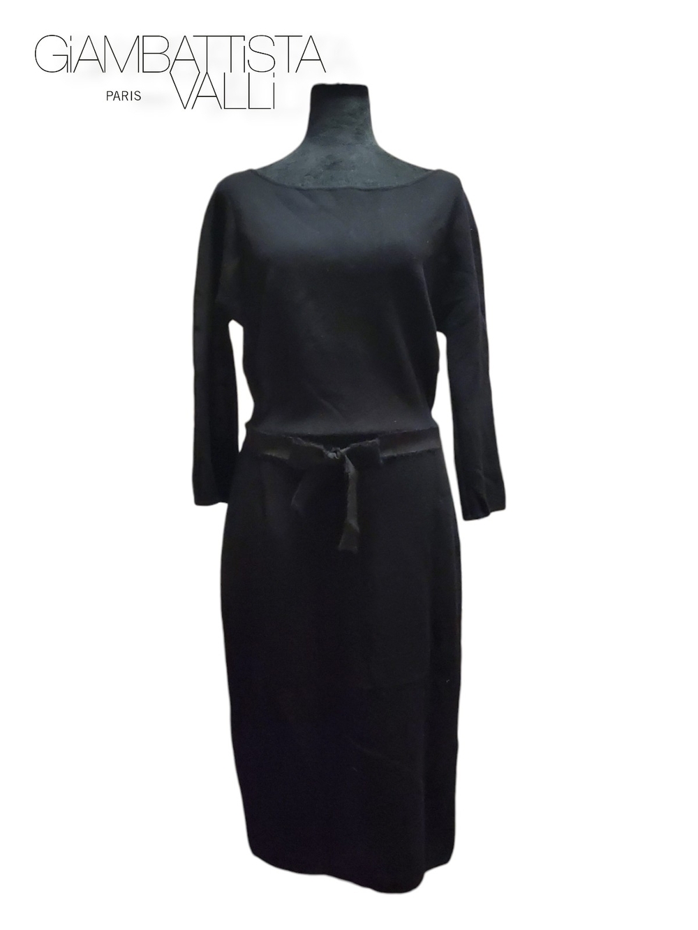 Giambattista Valli Black Knit Midi Dress Boat Neck Side Zip Tie Waist Size 6